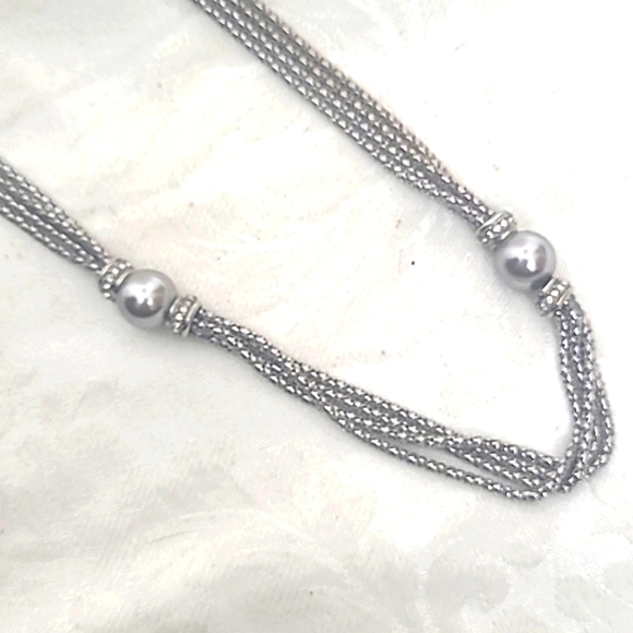 Premier 29" Long Necklace 4 chain Silver Pearlized Beads Pave - Picture 2 of 3